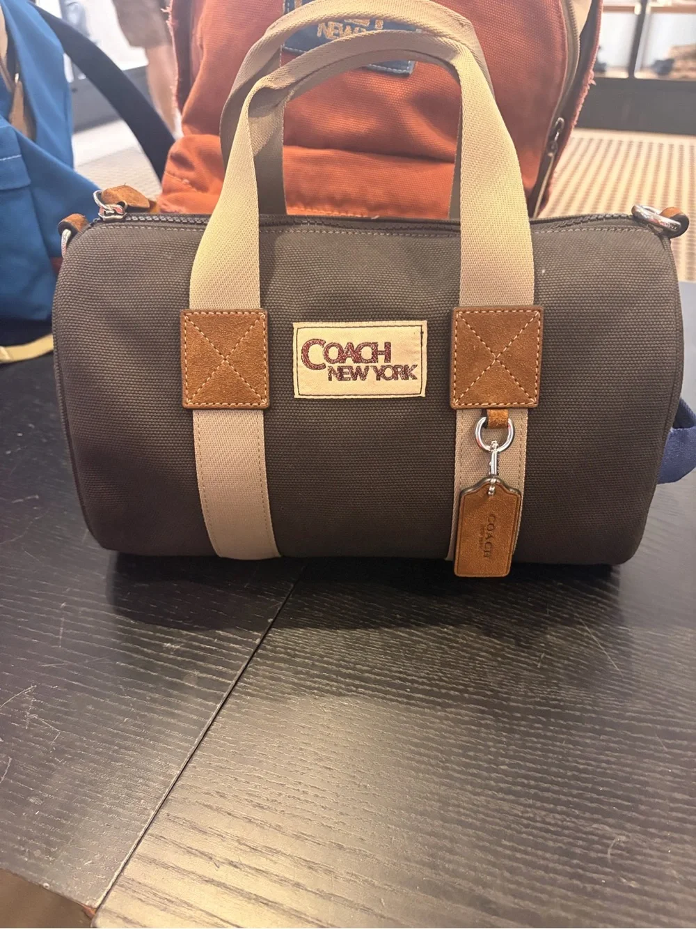 Coach Black Canvas Tote with Cream Straps and Brown Leather Trim new with tag